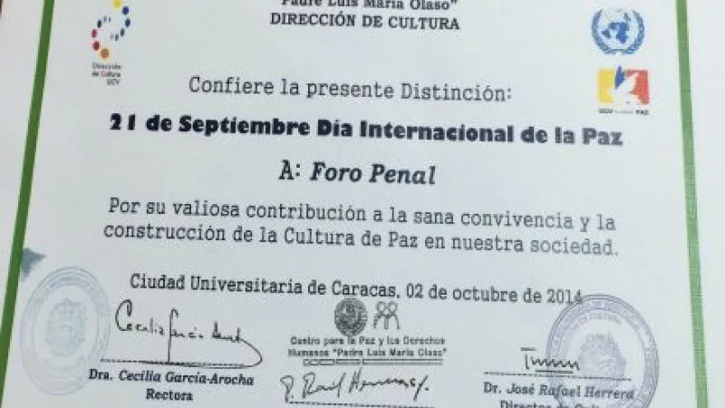 Foro Penal Venezolano recibe reconocimiento del Centro para la Paz de la UCV