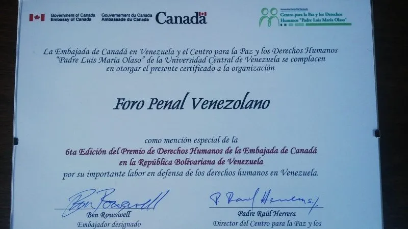 Foro Penal Venezolano recibe mención especial ¨Premio DDHH 2015 ¨de la Embajada del Cánada