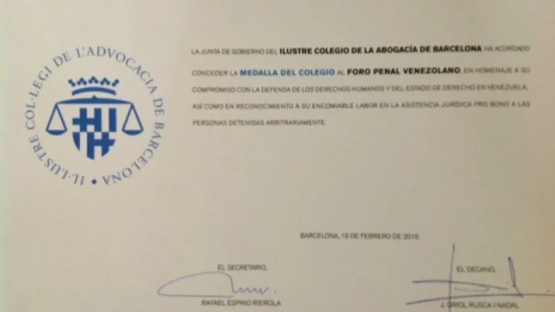 Colegio de Abogados de Barcelona, España otorga Premio al Foro Penal