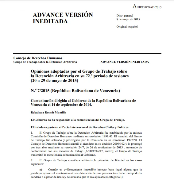 Resolución No. 7/2015 Grupo de Trabajo sobre la detención arbitraria  ONU  Sesión No. 72  Caso Rosmit Mantilla