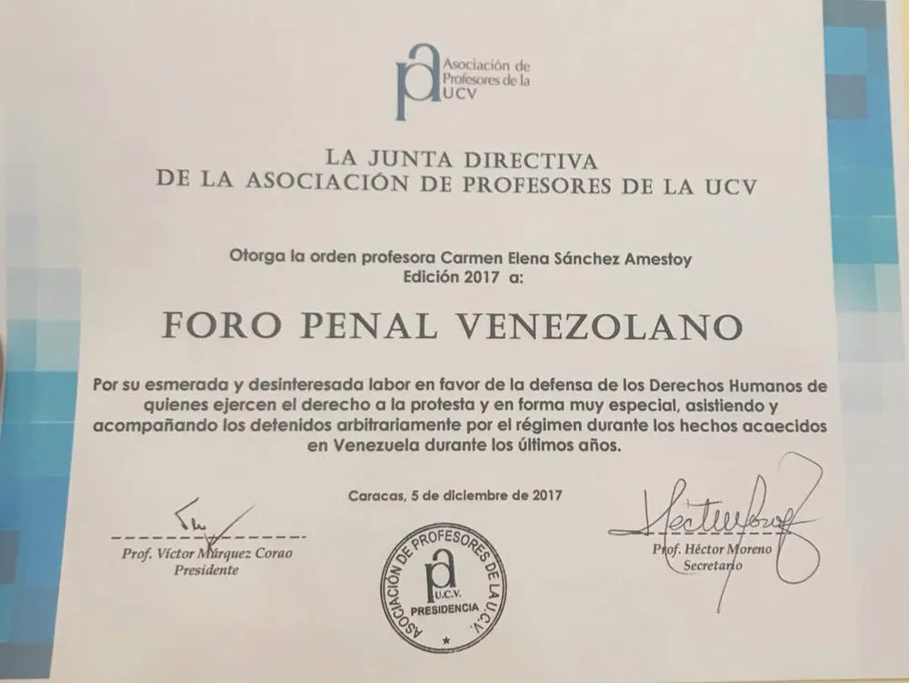 Foro Penal recibe orden "Carmen Elena Sánchez Amestoy", edición 2017.