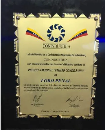 Conindustria otorgó máximo reconocimiento “Emilio Conde Jahn” a Foro Penal