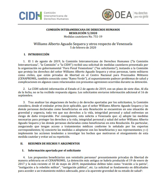 RESOLUCIÓN 5/2020 Medidas cautelares No. 751-19 Williams Alberto Aguado Sequera y otros.