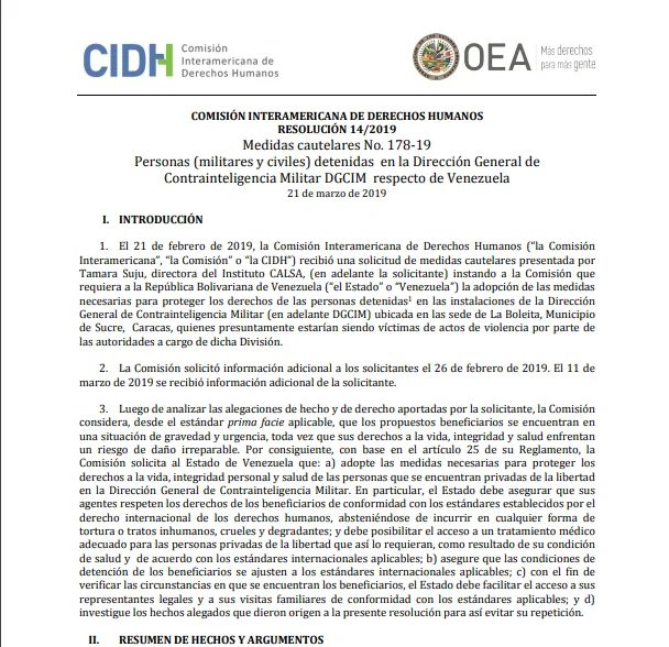 RESOLUCIÓN 14/2019 Medidas cautelares No. 178-19. Personas (militares y civiles) detenidas en DGCIM
