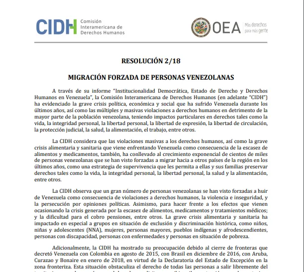RESOLUCIÓN 2/18: Migración Forzada de Personas Venezolanas
