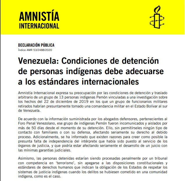 AMNISTIA INTERNACIONAL "VENEZUELA: CONDICIONES DE DETENCIÓN DE PERSONAS INDÍGENAS"