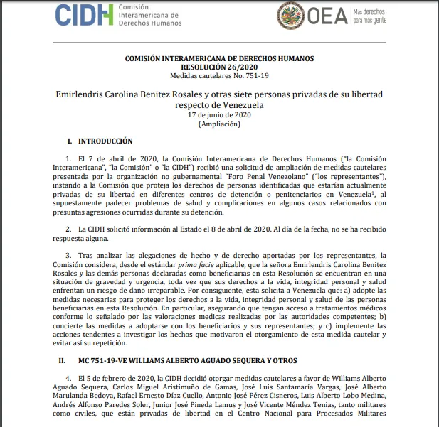 RESOLUCIÓN 26/2020 Medidas cautelares No. 751-19 Emirlendris Benitez y otros siete Privados de Libertad
