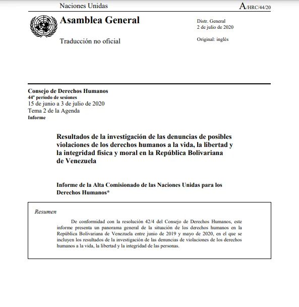 Informe de la Alta Comisionado de las Naciones Unidas para los Derechos Humanos Venezuela- 2-Jul-2020
