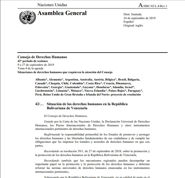 Situación de los derechos humanos en la República Bolivariana de Venezuela. 24-Sep-2019
