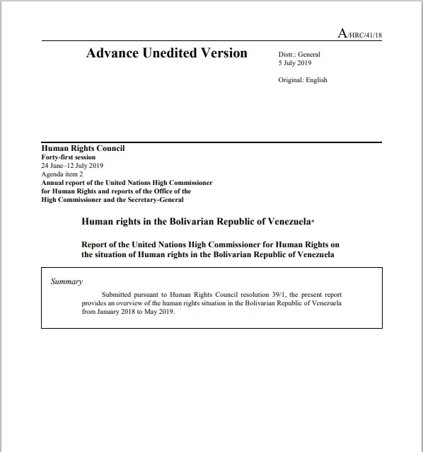 Report of the United Nations High Commissioner for Human Rights on the situation of Human rights in the Bolivarian Republic of Venezuela. 05-Jul-2019