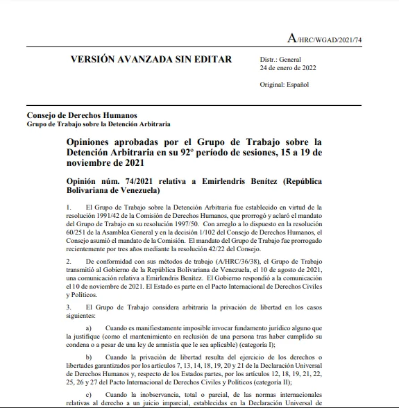 Opinión #74/2021 relativa a Emirlendris Benítez - Grupo de Trabajo sobre Detención Arbitraria en su 92º período de sesiones
