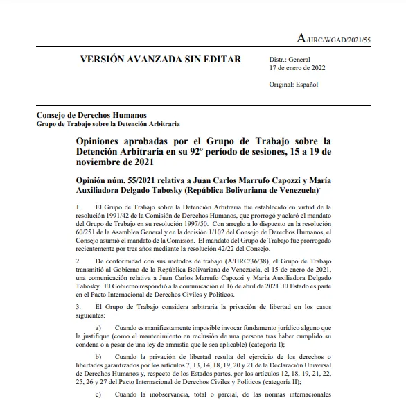 Opinión #55/2021 relativa a Juan Carlos Marrufo y Maria Auxiliadora Delgado – Grupo de Trabajo sobre Detención Arbitraria en su 92º período de sesiones