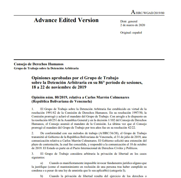 Opinión #80/2019 relativa a Carlos Marron Colmenares – Grupo de Trabajo sobre Detención Arbitraria en su 86º período de sesiones