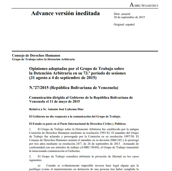 Opinión #27/2015 relativa a Antonio Ledezma – Grupo de Trabajo sobre Detención Arbitraria en su 73º período de sesiones