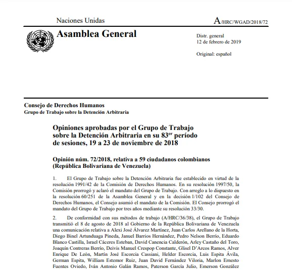 Opinión #72/2018 relativa a 59 ciudadanos colombianos en Venezuela – Grupo de Trabajo sobre Detención Arbitraria en su 83º período de sesiones