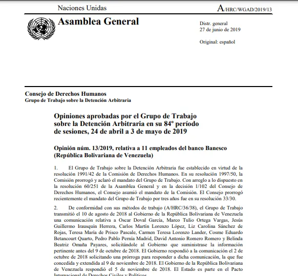 Opinión #13/2019 relativa a 11 empleados del banco Banesco – Grupo de Trabajo sobre Detención Arbitraria en su 84º período de sesiones