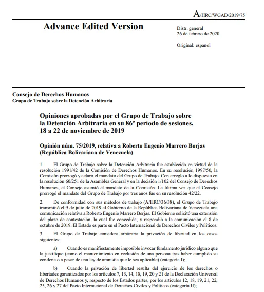Opinión #75/2019 relativa a Roberto Eugenio Marrero – Grupo de Trabajo sobre Detención Arbitraria en su 86º período de sesiones