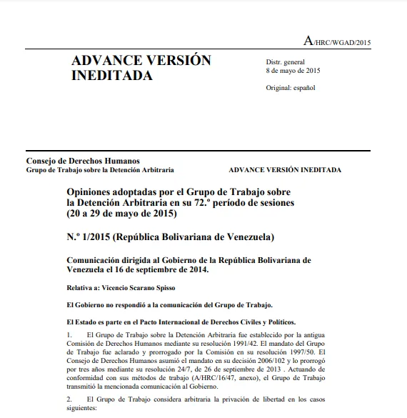 Opinión #1/2015 relativa a Vicencio Scarano - Grupo de Trabajo sobre Detención Arbitraria en su 72º período de sesiones