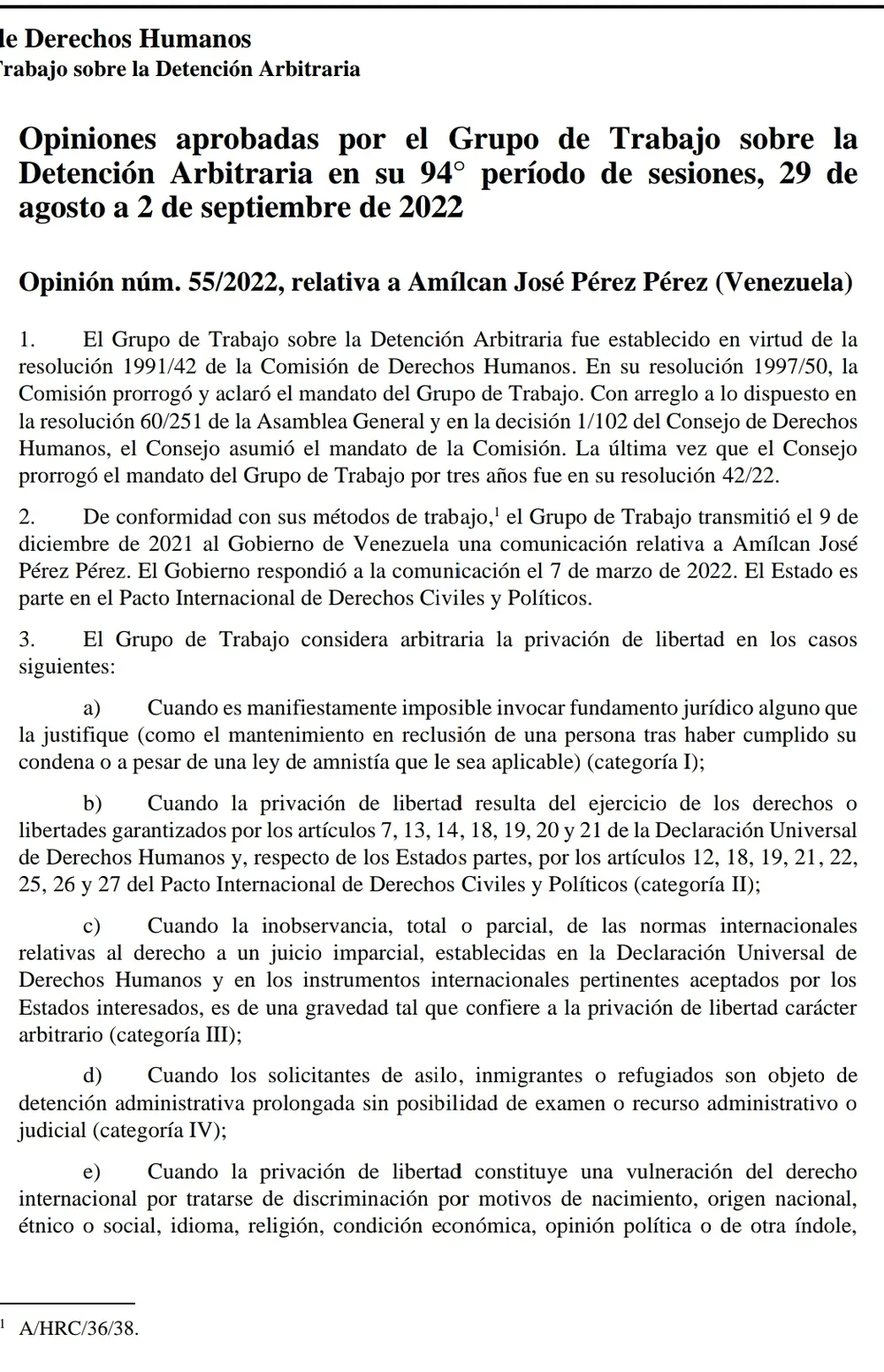 Opinión #55/2022 relativa a Amilcan Josè Pèrez – Grupo de Trabajo sobre Detención Arbitraria en su 94º período de sesiones