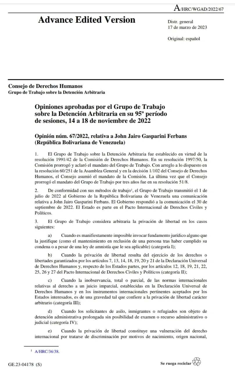 Opinión núm. 67/2022, relativa a John Jairo Gasparini Ferbans. Grupo de Trabajo sobre la Detención Arbitraria en su 95º período de sesiones