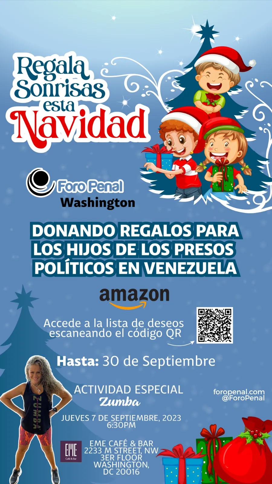 Clase de Zumba recolecta de regalos de los hijos de los Presos Políticos. Foro Penal Capitulo Washington