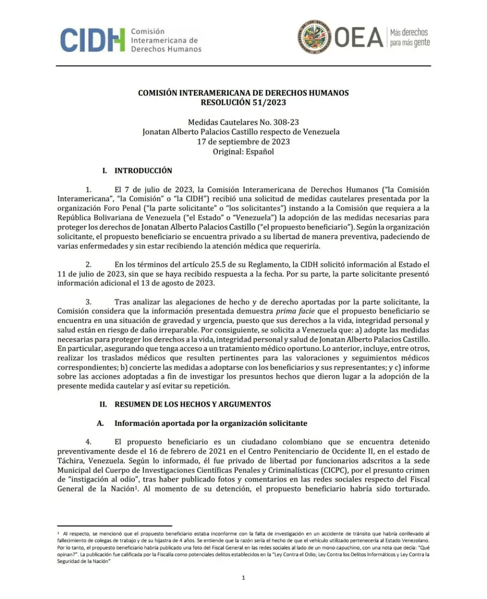 RESOLUCIÓN 51/2023 Medidas Cautelares No. 308-23 Jonatan Alberto Palacios Castillo