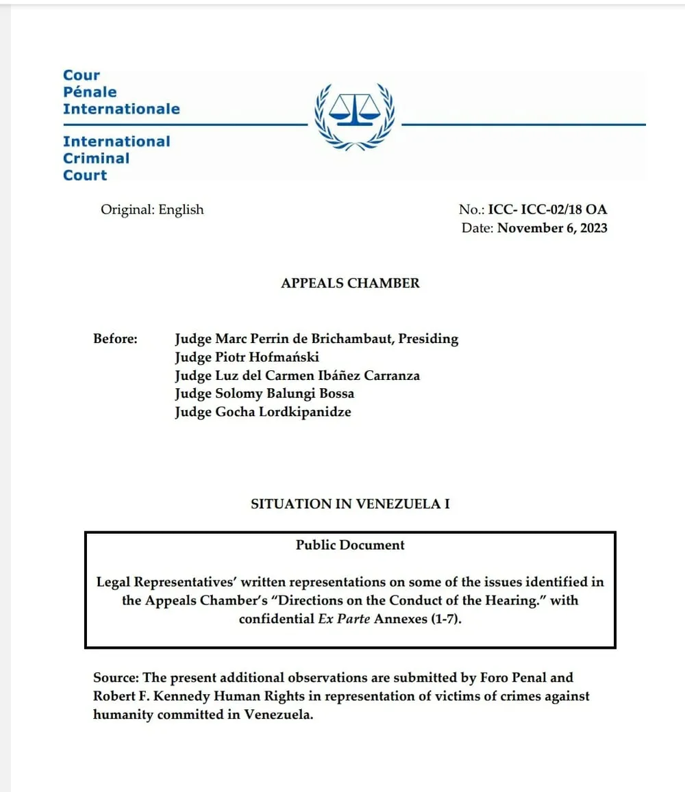 El Foro Penal y Robert F. Kennedy Human Rights (RFKHR) piden a la Honorable Sala de Apelaciones de la Corte Penal Internacional (CPI) que confirme la decisión de la Sala de Cuestiones Preliminares I de reanudar las investigaciones sobre crímenes de lesa h