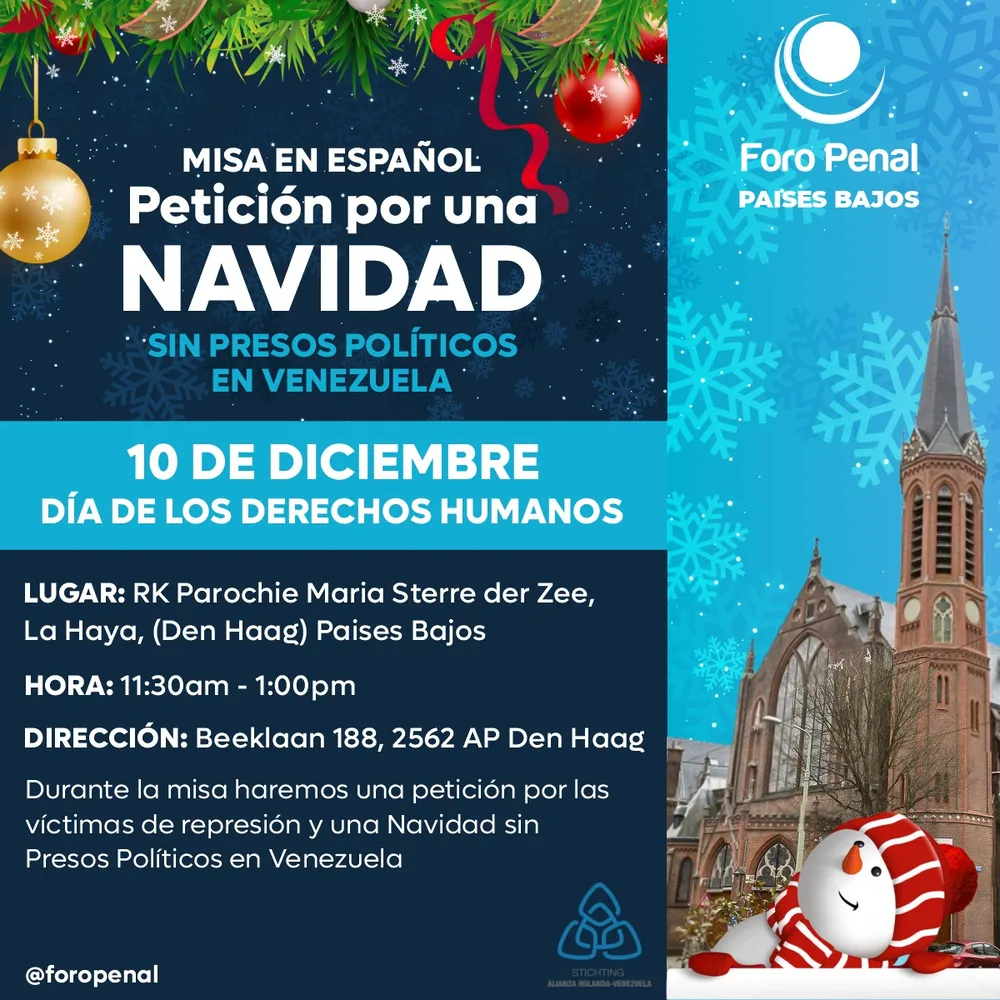 Foro Penal Países Bajos y Alianza Holanda-Venezuela organizan misa por una Navidad sin Presos Políticos. La Haya.