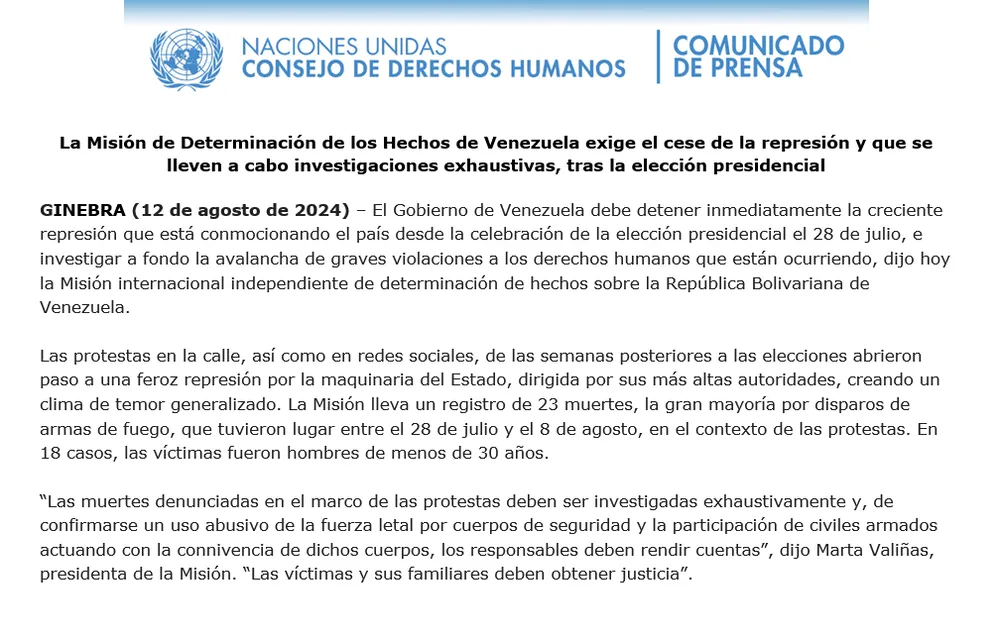 La Misión de Determinación de los Hechos de Venezuela exige el cese de la represión y que se lleven a cabo investigaciones exhaustivas, tras la elección presidencial