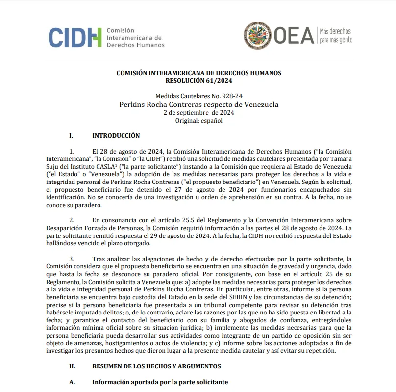RESOLUCIÓN 61/2024 Medidas Cautelares No. 928-24 Perkins Rocha Contreras