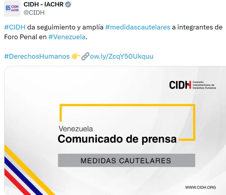 CIDH da seguimiento y amplía medidas cautelares a integrantes de Foro Penal en Venezuela