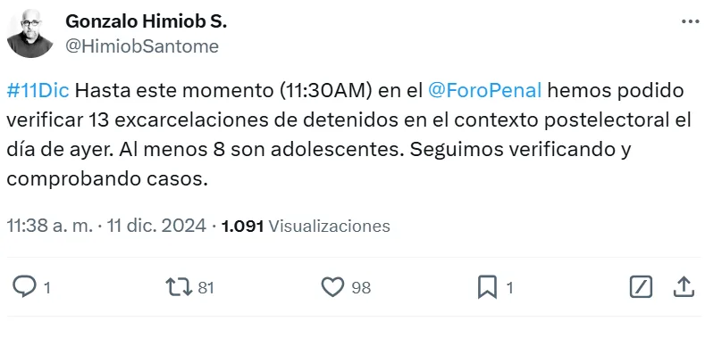 Foro Penal sobre excarcelaciones detenidos postelectorales. 10 de diciembre 2024