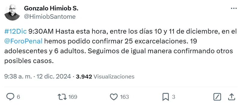 Foro Penal sobre excarcelaciones detenidos postelectorales. 10 y 11 de diciembre 2024