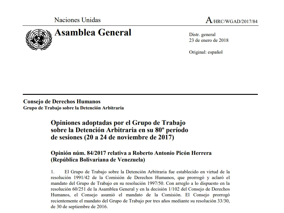 Opinión  84/2017 relativa a Roberto Antonio Picón Herrera-Grupo de Trabajo Detención Arbitraria en su 80º período de sesiones