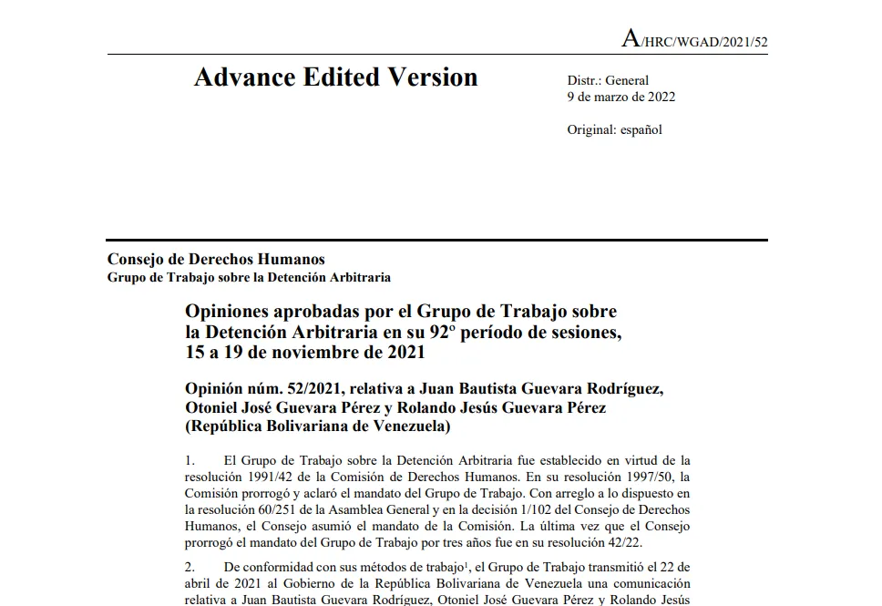 Opinión 52/2021, relativa a Juan Bautista Guevara Rodríguez, y otros dos-Grupo de Trabajo sobre la Detención Arbitraria en su 92º período de sesiones