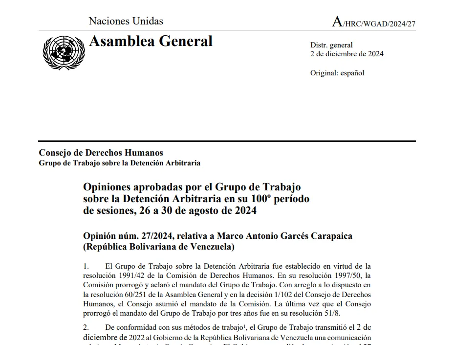 Opinión núm. 27/2024, relativa a Marco Antonio Garcés Carapaica- Grupo de Trabajo sobre la Detención Arbitraria en su 100º período de sesiones