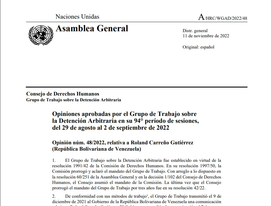 Opinión  48/2022, relativa a Roland Carreño Gutiérrez-Grupo de Trabajo sobre la Detención Arbitraria en su 94° período de sesiones