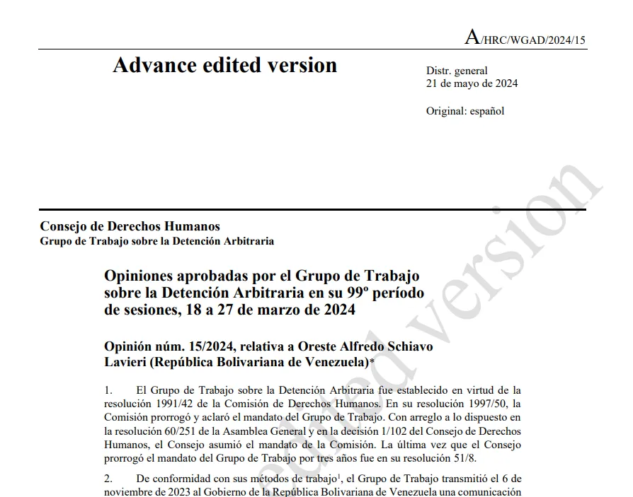 Opinión 15/2024, relativa a Oreste Alfredo Schiavo Lavieri-Grupo de Trabajo sobre la Detención Arbitraria en su 99º período de sesiones