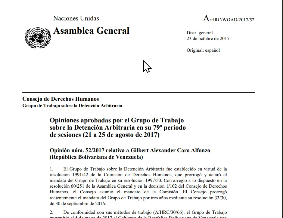 Opinión 52/2017 relativa a Gilbert Alexander Caro Alfonzo-Grupo de Trabajo sobre la Detención Arbitraria en su 79º período de sesiones