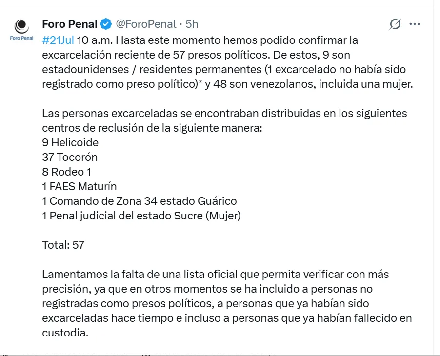 Presos políticos. Excarcelaciones 18J verificadas (21J, 10:00AM)