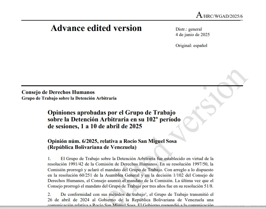 Opinión 6/2025 relativa a Rocío San Miguel Sosa– Grupo de Trabajo sobre Detención Arbitraria en su 102º período de sesiones
