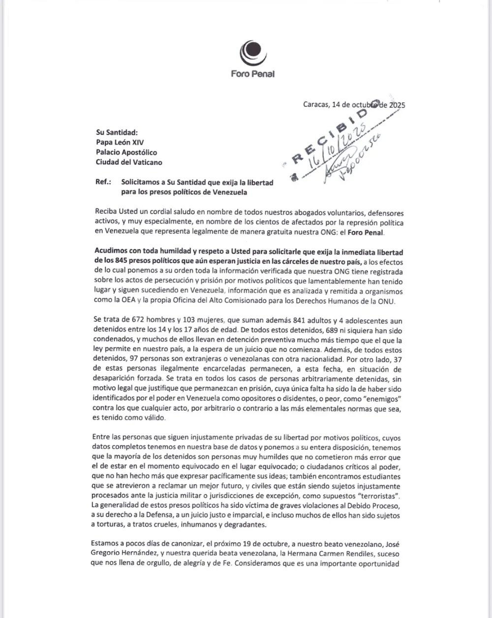 Foro Penal solicita al Papa León XIV interceder por la libertad de los presos políticos en Venezuela