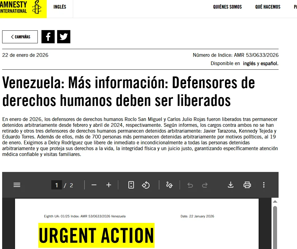 Amnistía Internacional lanza acción urgente mundial por la libertad de los defensores de los derechos humanos