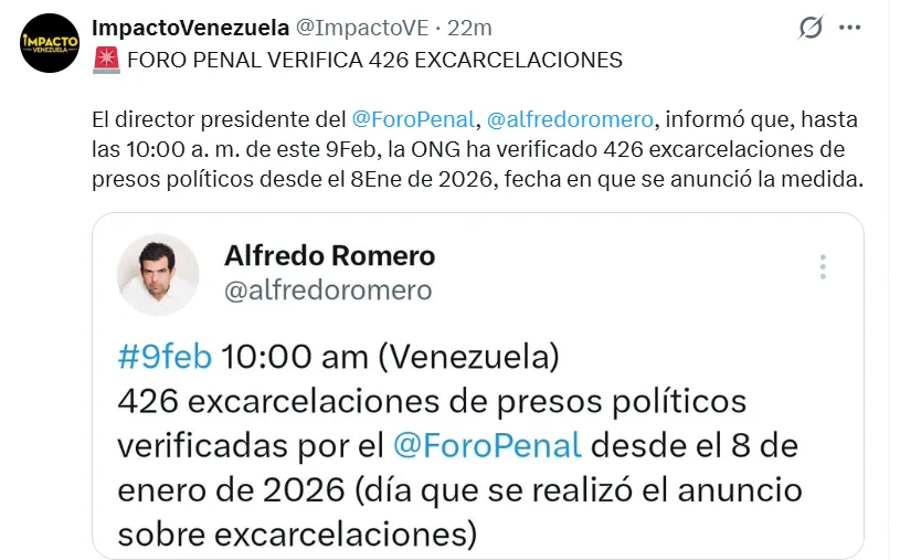 FORO PENAL VERIFICA 426 EXCARCELACIONES AL 9/2/2026