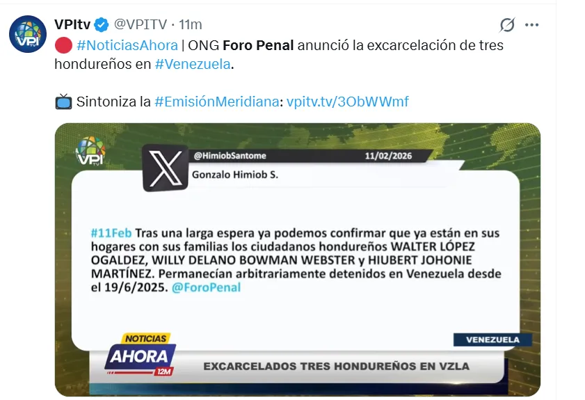 ONG Foro Penal anunció la excarcelación de tres hondureños en Venezuela