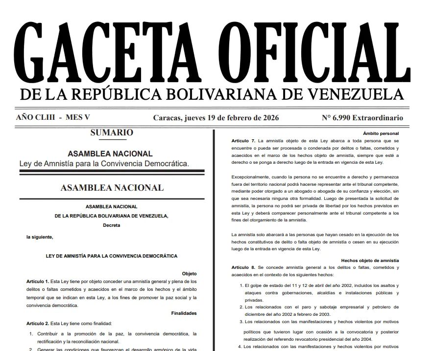 ASAMBLEA NACIONAL Ley de Amnistía para la Convivencia Democrática. Gaceta Oficial N° 6.990 Extraordinario. 19 de febrero 2026