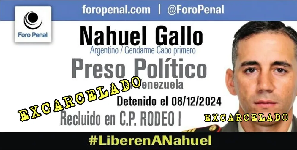 Foro Penal sobre la liberación de Nahuel Gallo preso político gendarme argentino