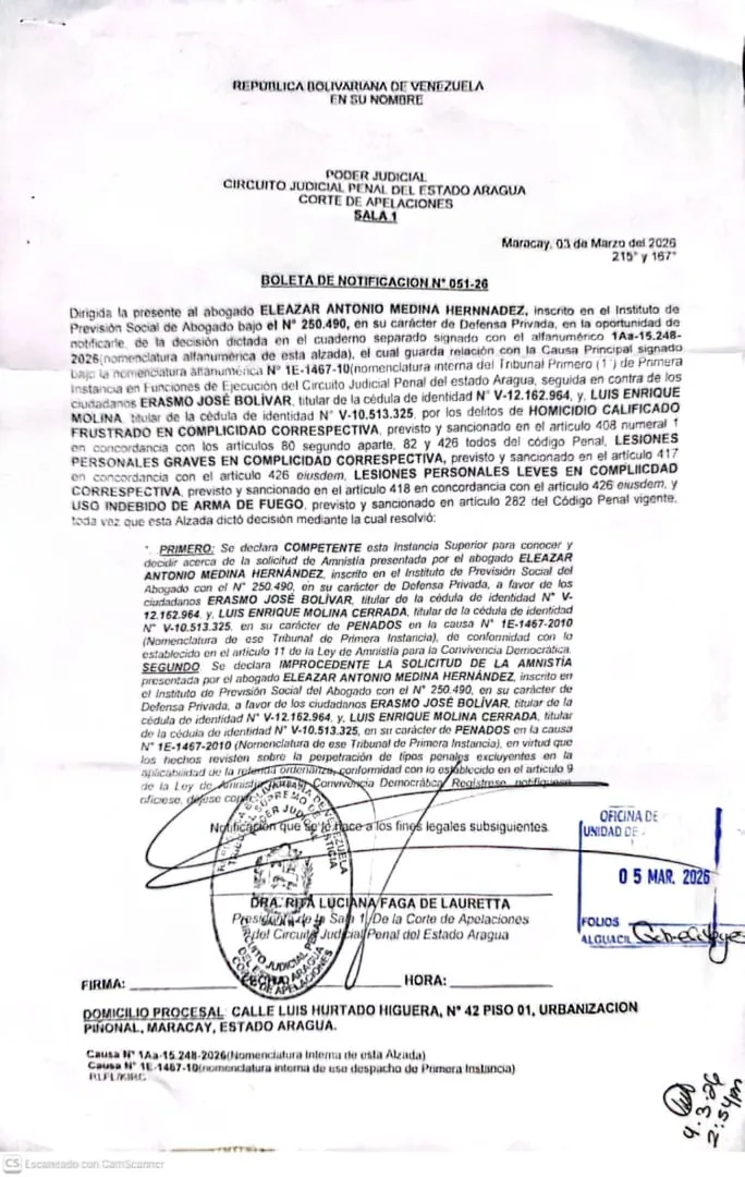 Declaran inadmisible la solicitud de amnistía de Erasmo José Bolívar y Luis Enrique Molina Cerrada, policías metropolitana