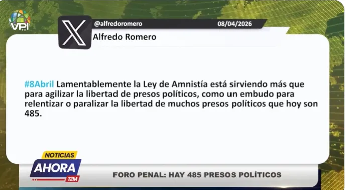 Foro Penal: Hay 485 presos políticos. VPITV 9/4/2026