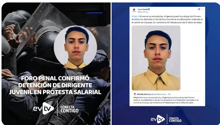 EVTV. Foro Penal confirmó detención de dirigente juvenil durante protesta salarial